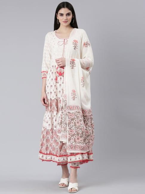 neerus white cotton printed kurta pant set with dupatta