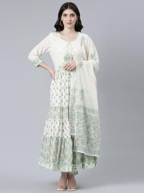 neerus white cotton printed kurta pant set with dupatta