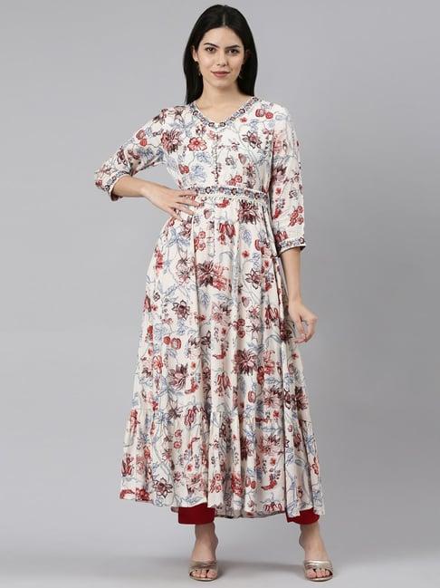 neerus white floral print fit and flare kurta