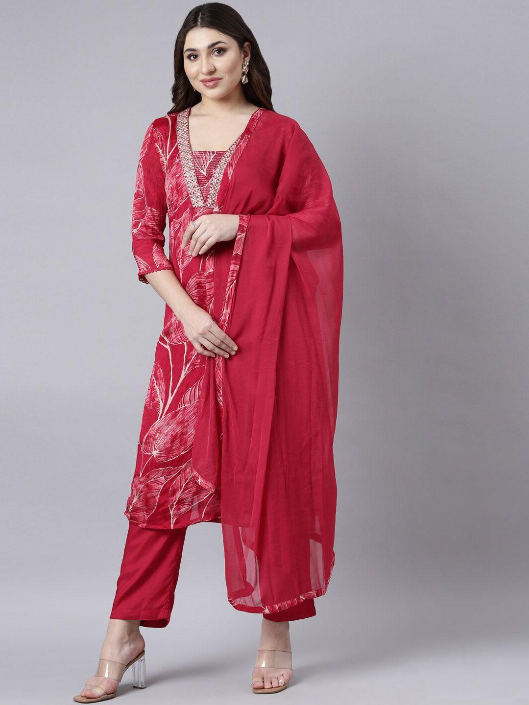 neerus women animal printed regular beads and stones silk chiffon kurta with trousers & with dupatta