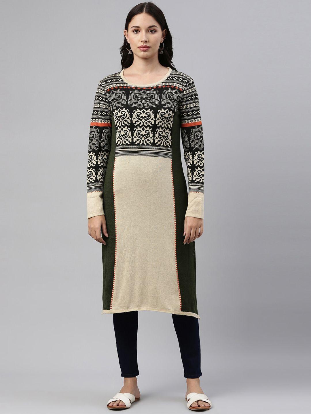 neerus women beige & black geometric printed knitted kurta