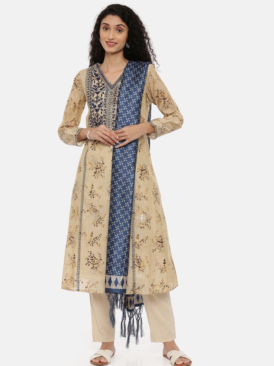 neerus women beige & blue printed kurta with trousers & dupatta