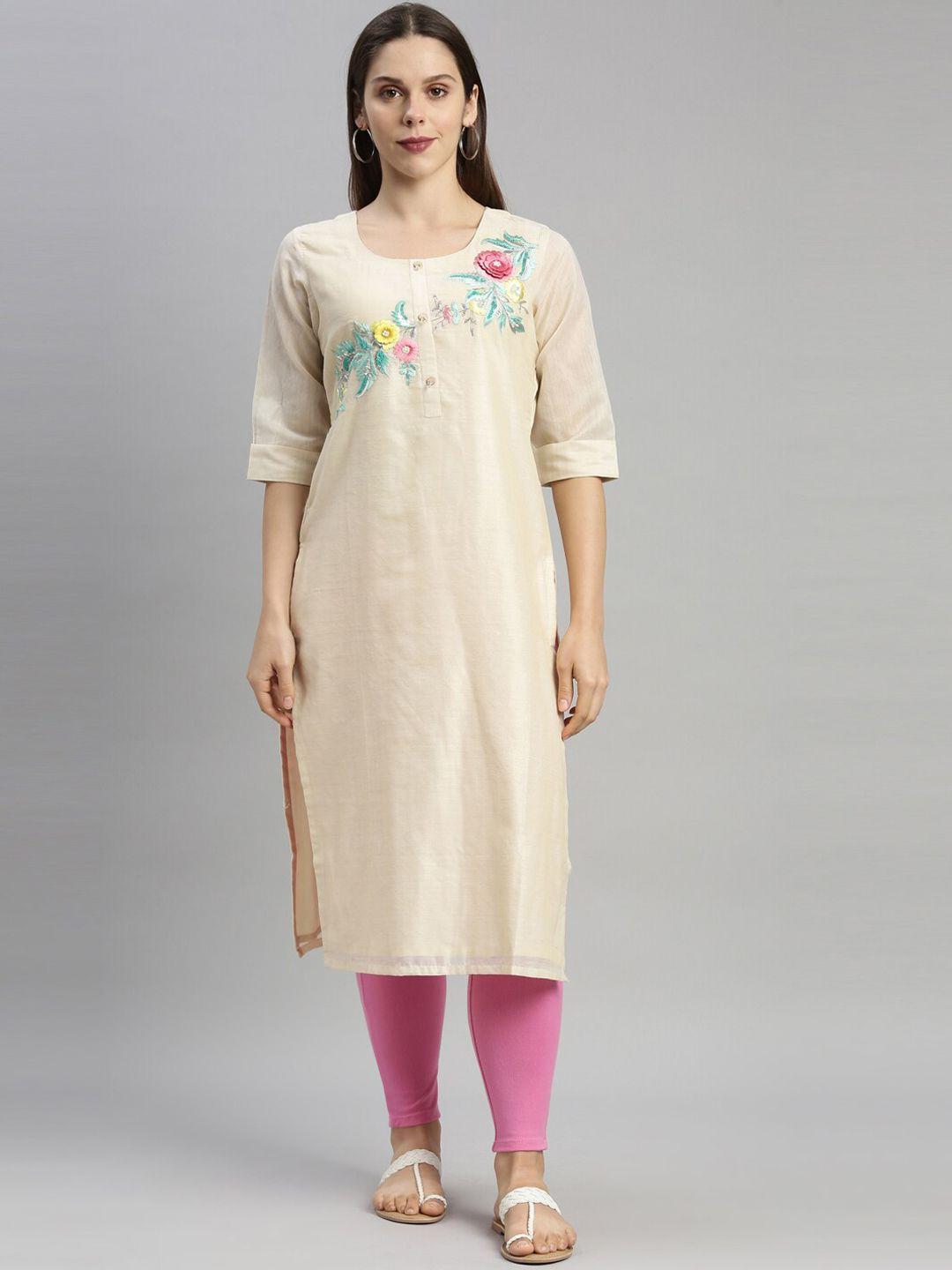 neerus women beige & pink floral embroidered chanderi silk kurta