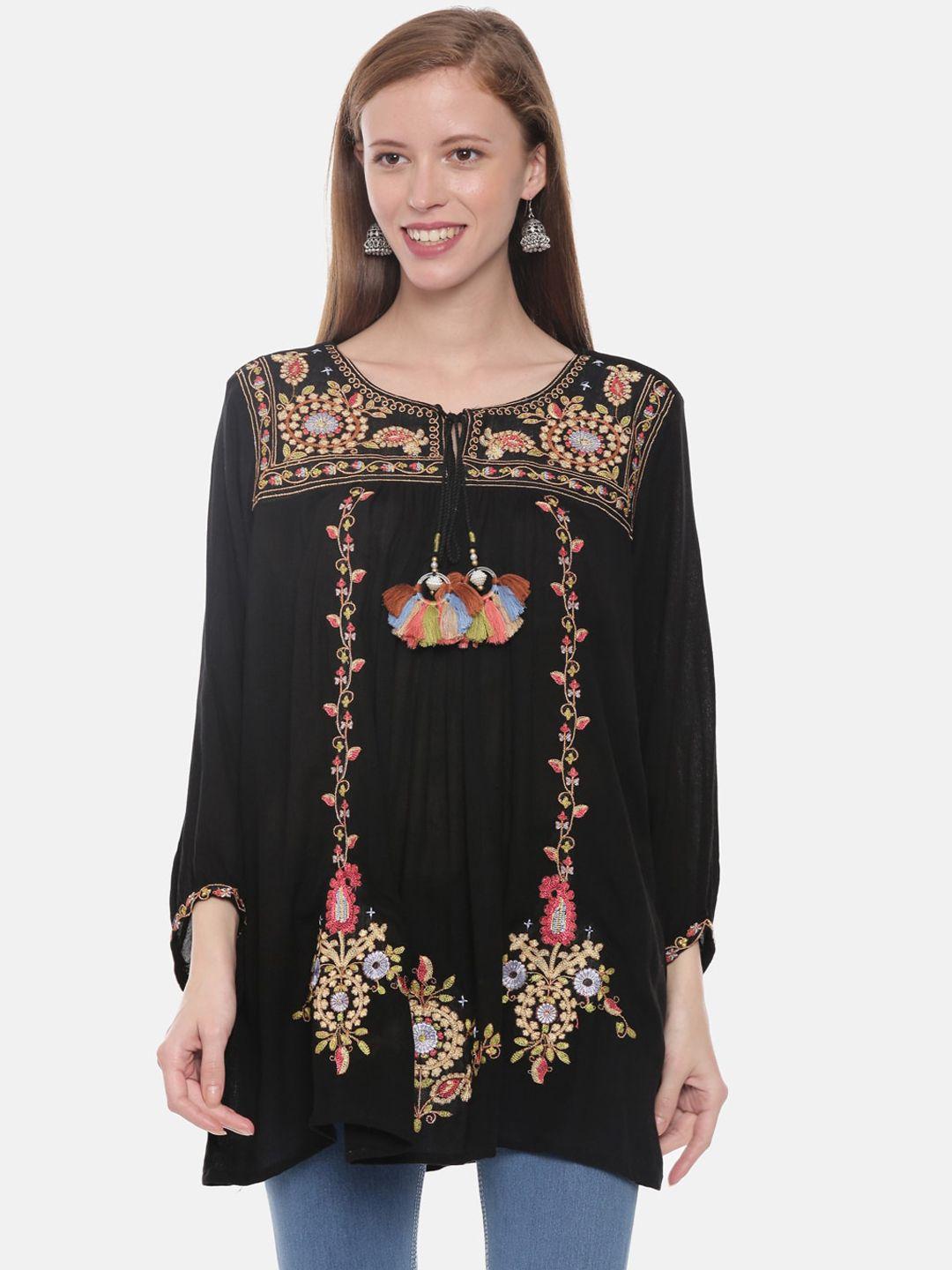 neerus women black embroidered a-line kurta