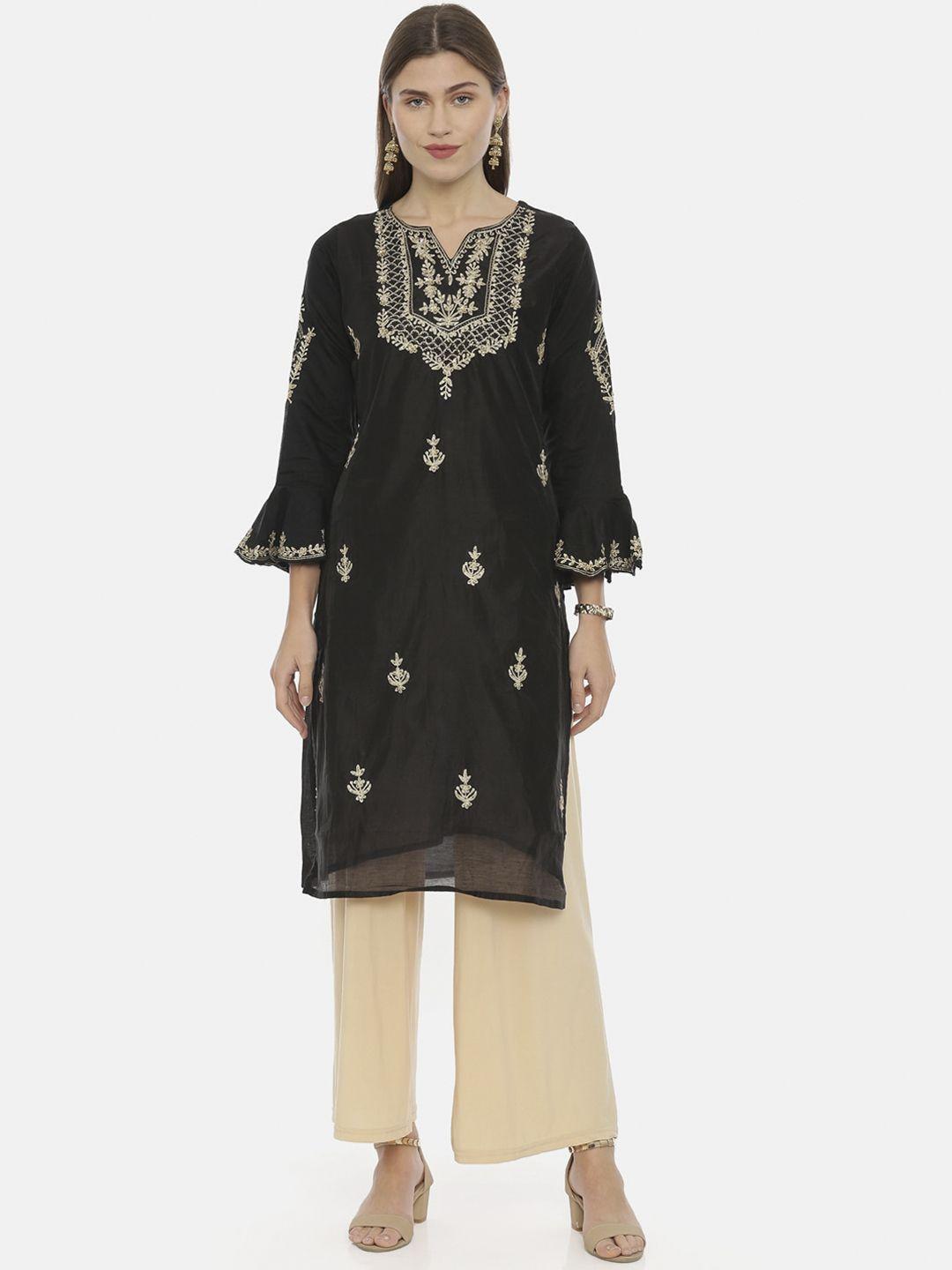 neerus women black embroidered straight kurta