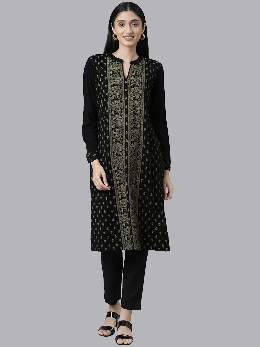 neerus women black ethnic motifs printed straight fit acrylic kurta