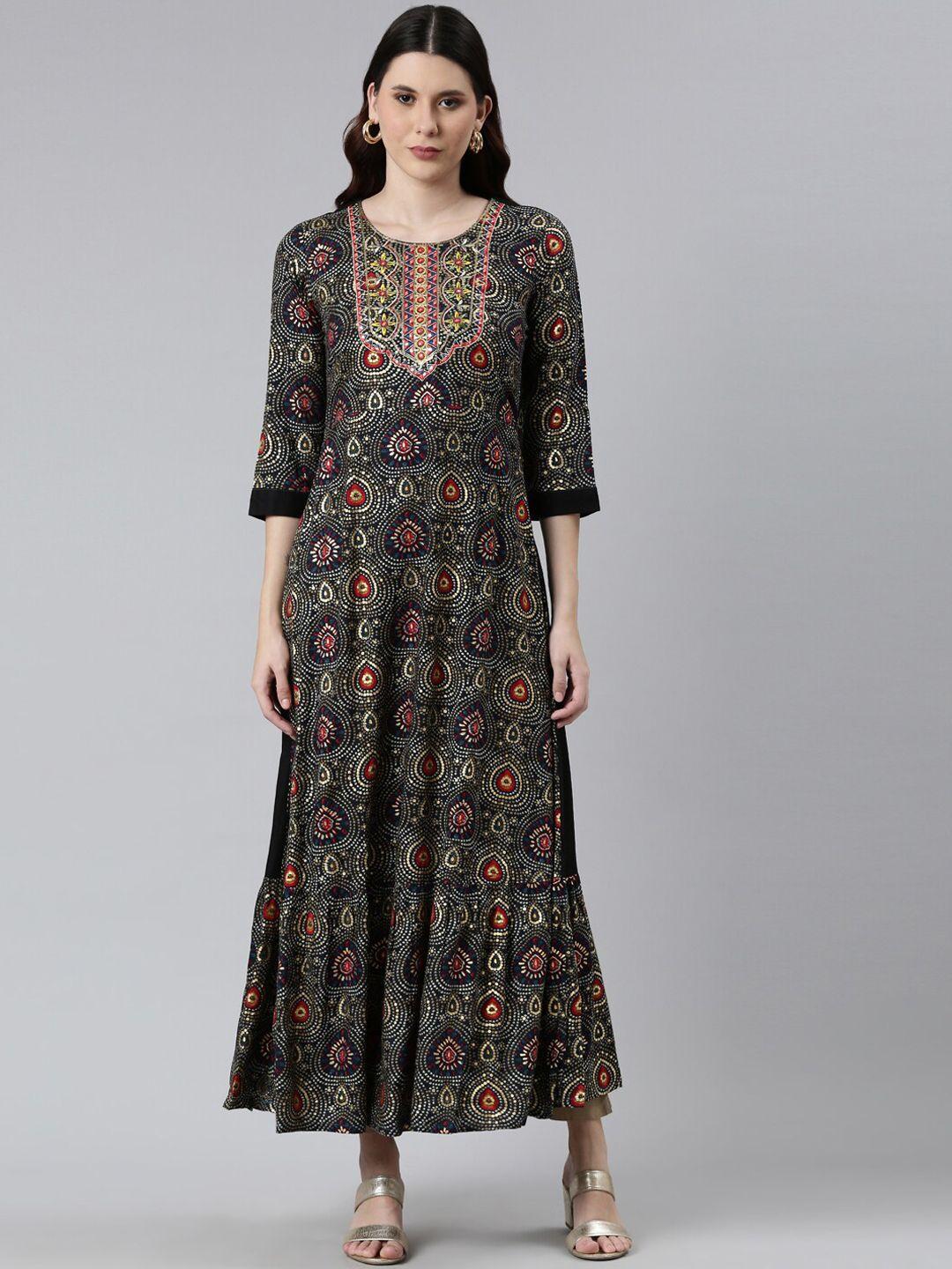 neerus women black floral printed anarkali kurta