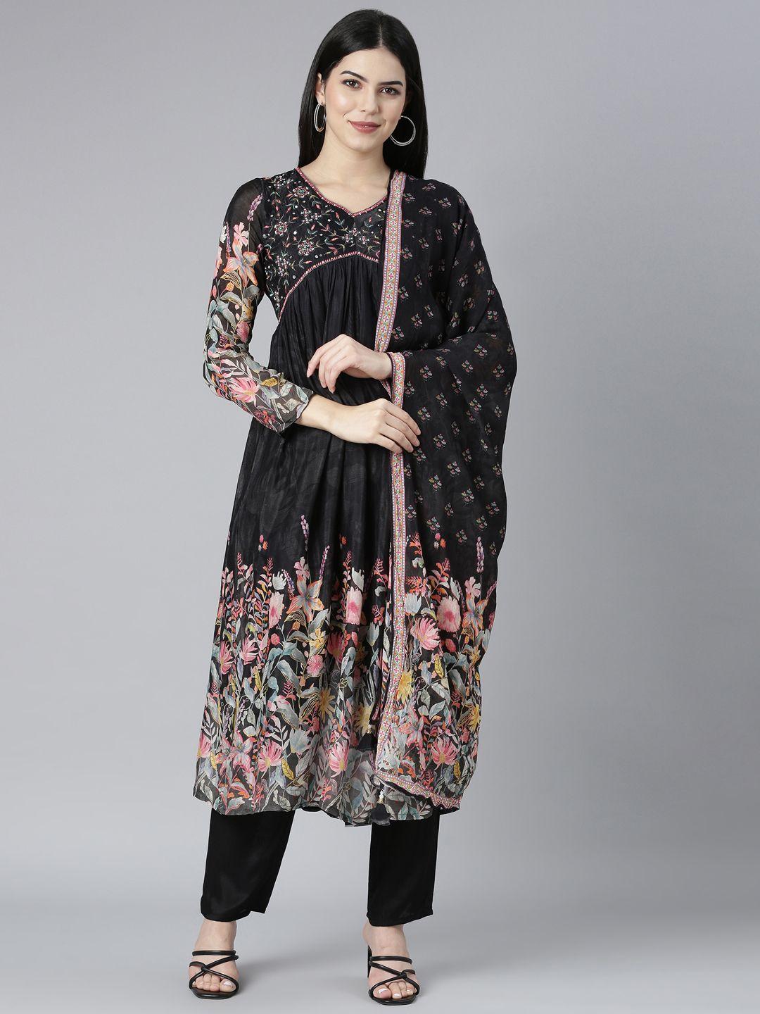 neerus women black floral printed pleated thread work silk chiffon kurta with trousers & with dupatta