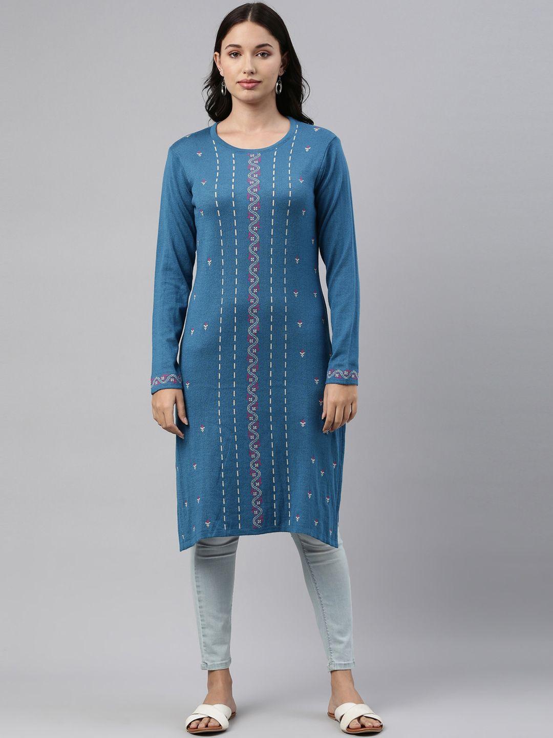 neerus women blue & beige ethnic motifs acrylic knitted kurta