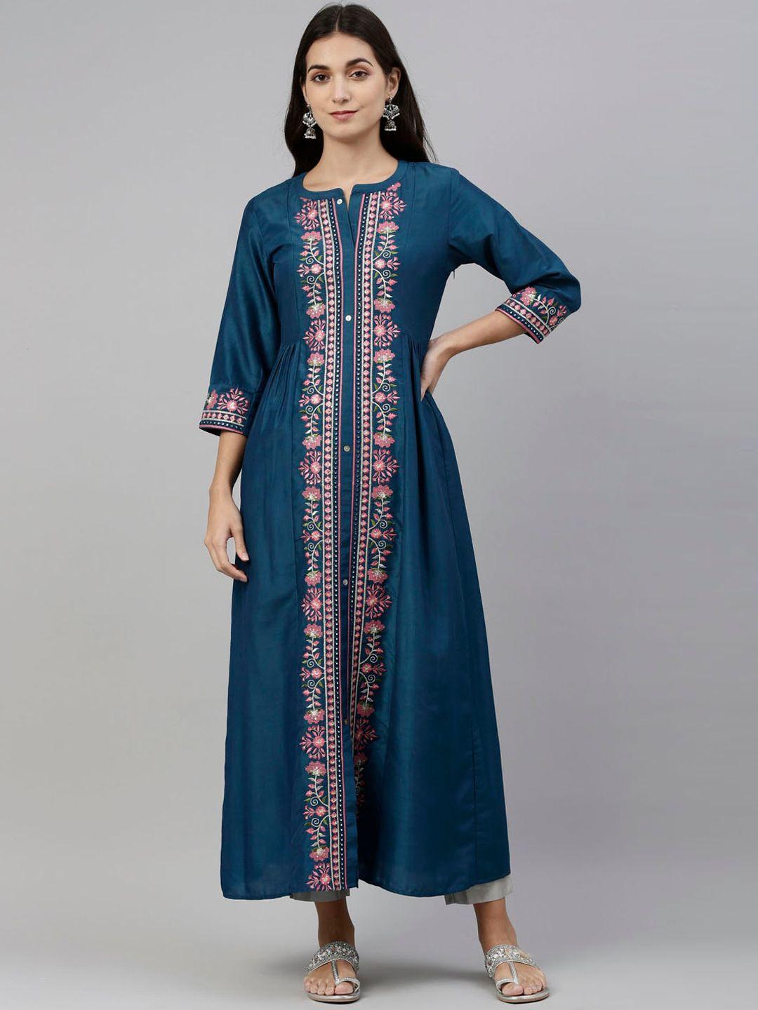 neerus women blue & pink floral embroidered a-line kurta