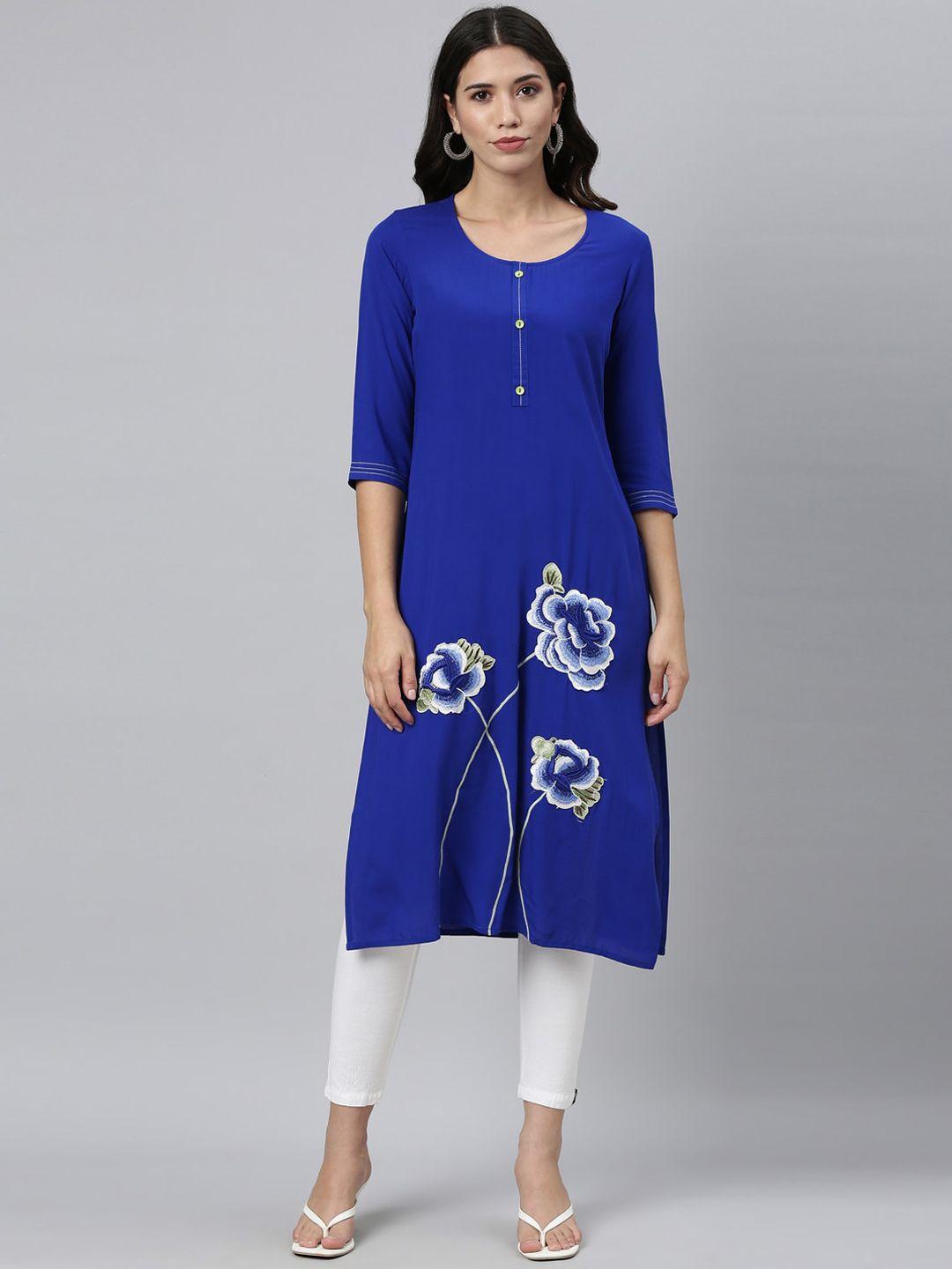 neerus women blue floral embroidered floral kurta