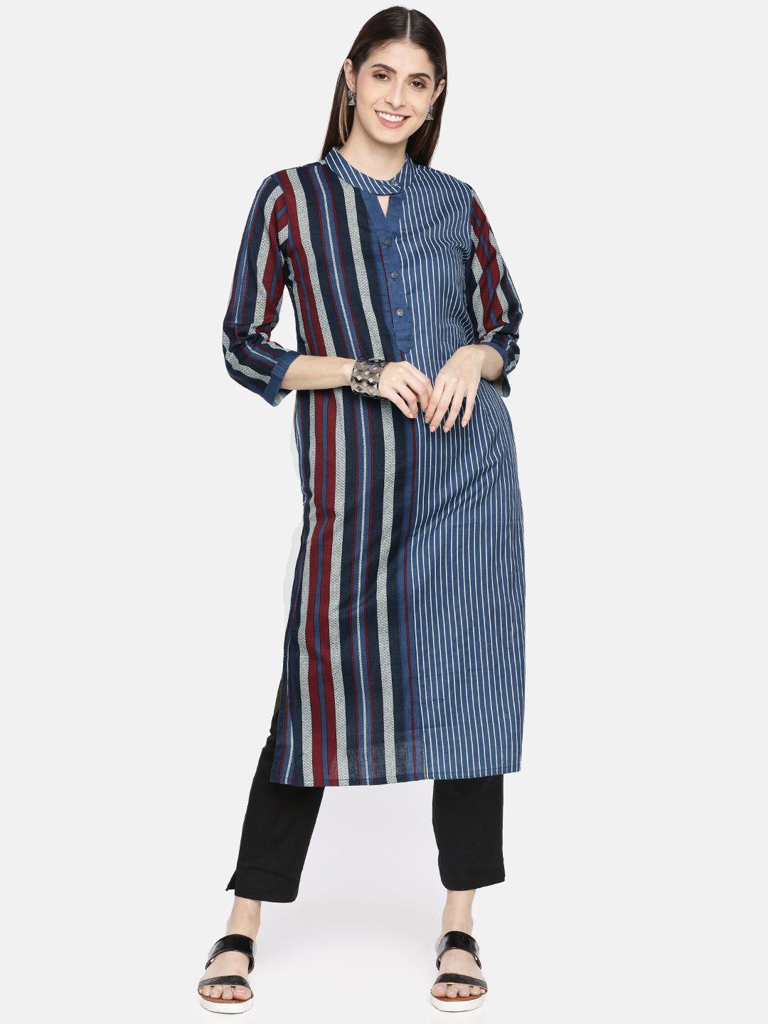 neerus women blue striped straight kurta