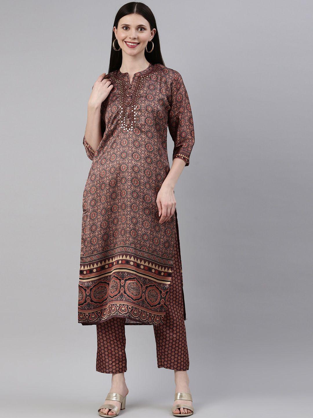 neerus women brown & grey ethnic motifs printed kurta with trousers