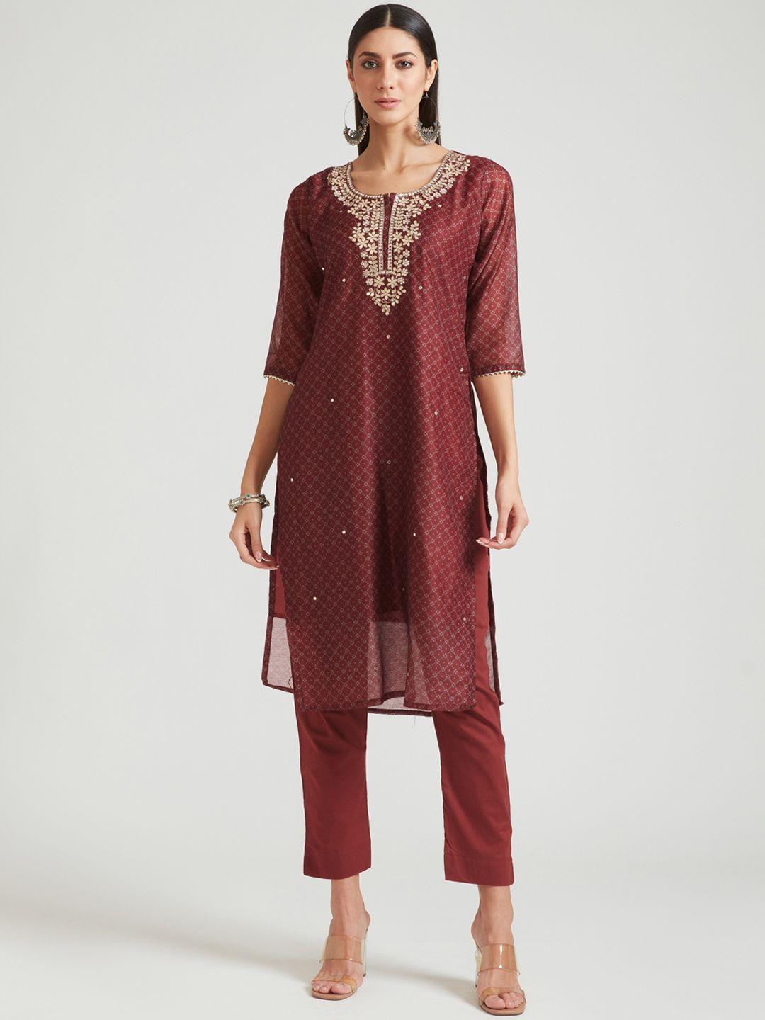 neerus women brown  gotta patti chanderi cotton kurta with trousers & with dupatta