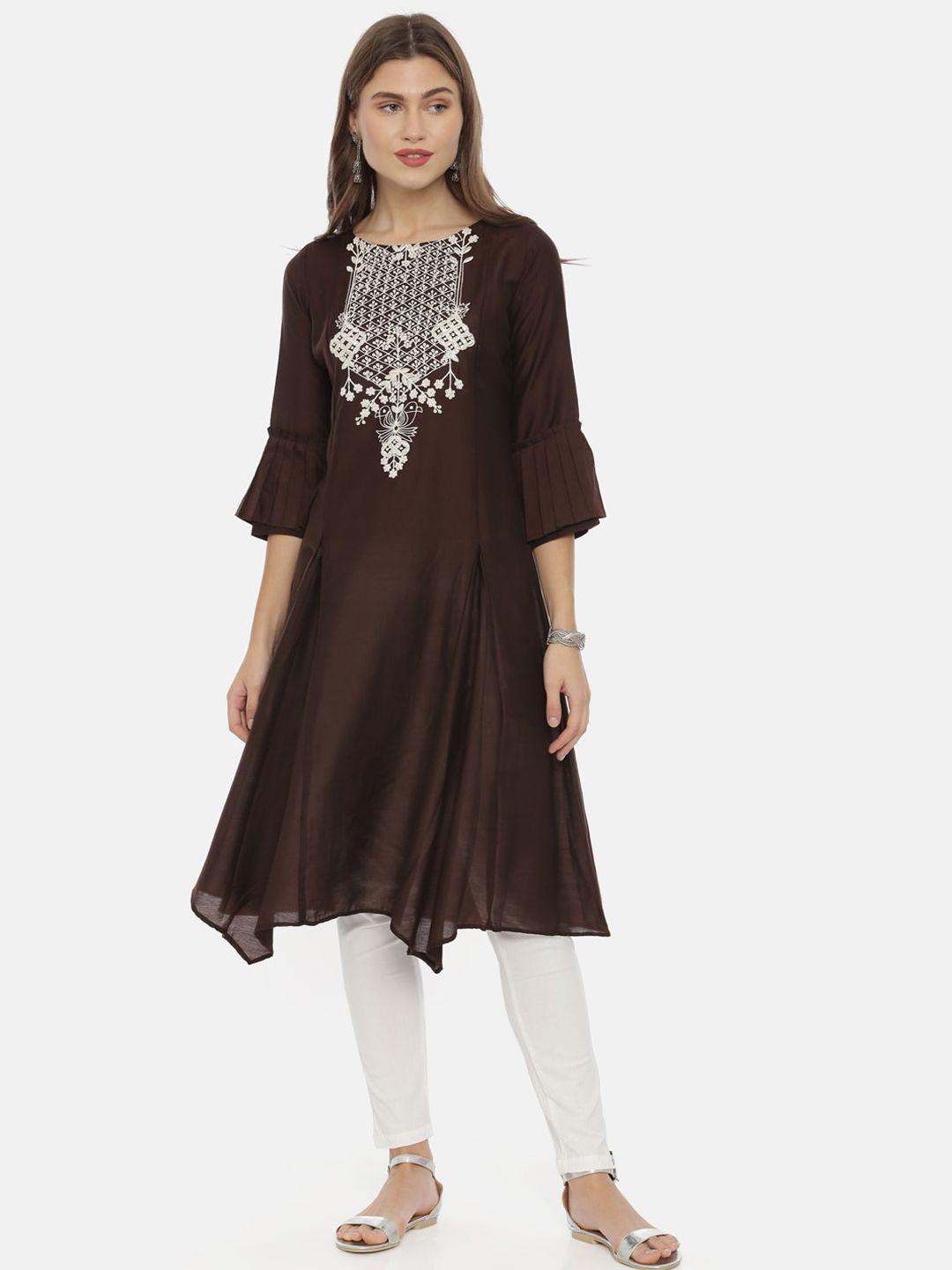 neerus women brown embroidered a-line kurta