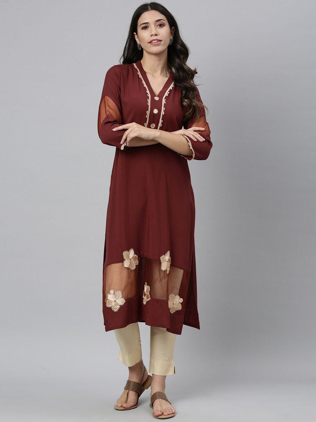 neerus women brown embroidered floral kurta