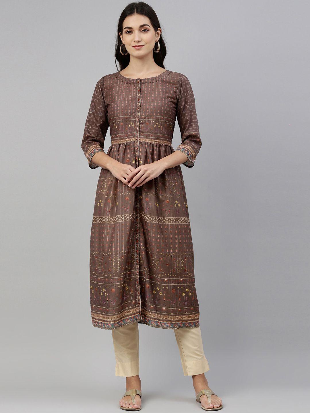 neerus women brown ethnic motifs printed anarkali kurta