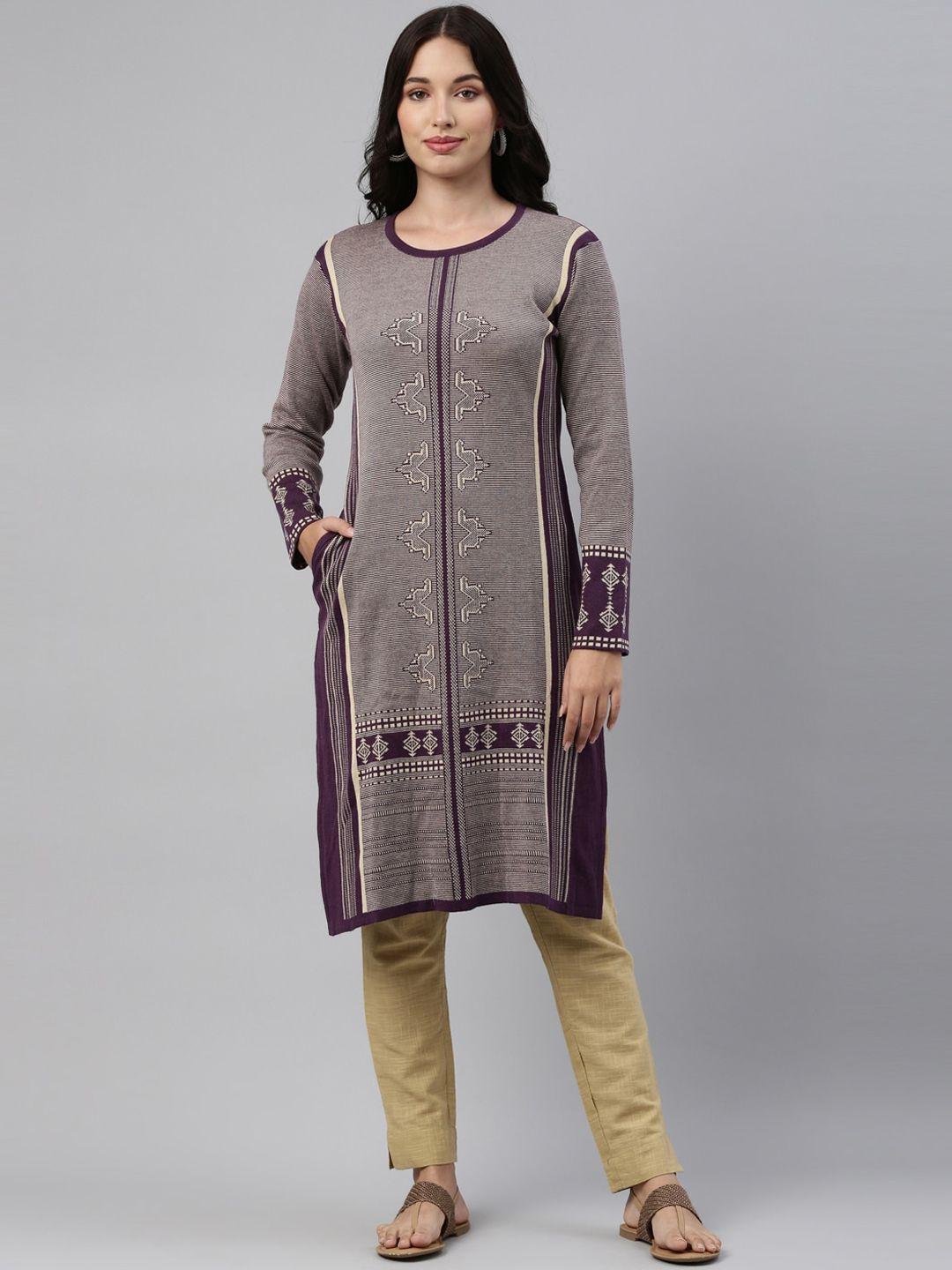 neerus women brown geometric woven designed straight knitted kurta