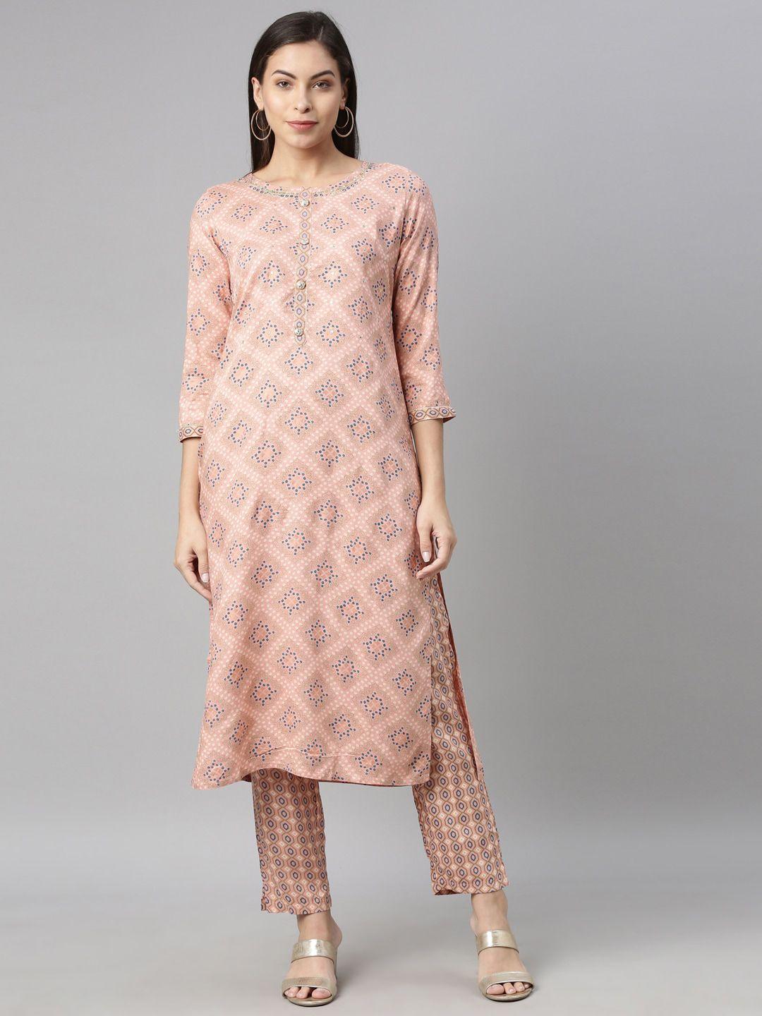 neerus women coral floral printed kurta with trousers