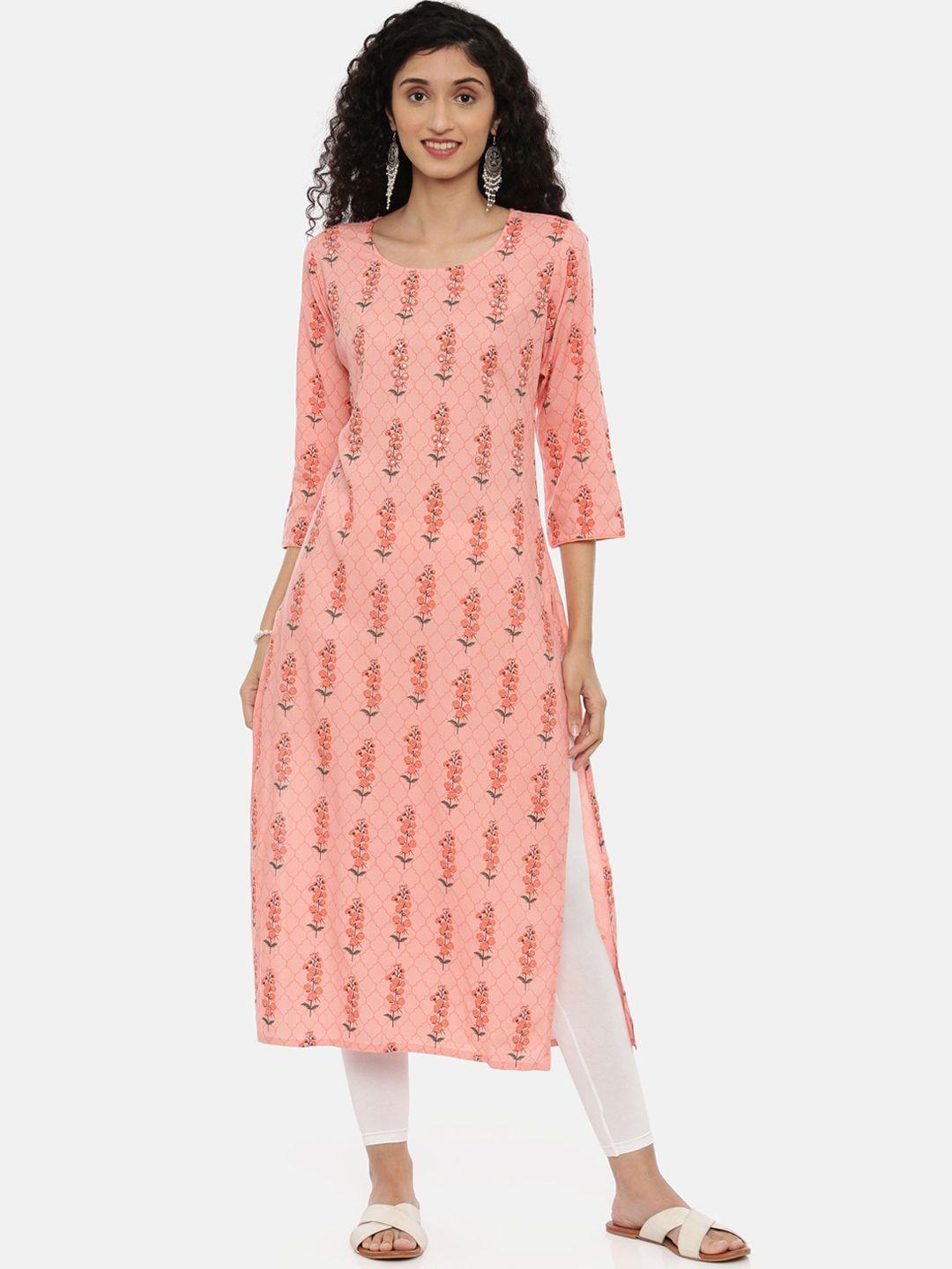 neerus women coral orange ethnic motifs printed kurta