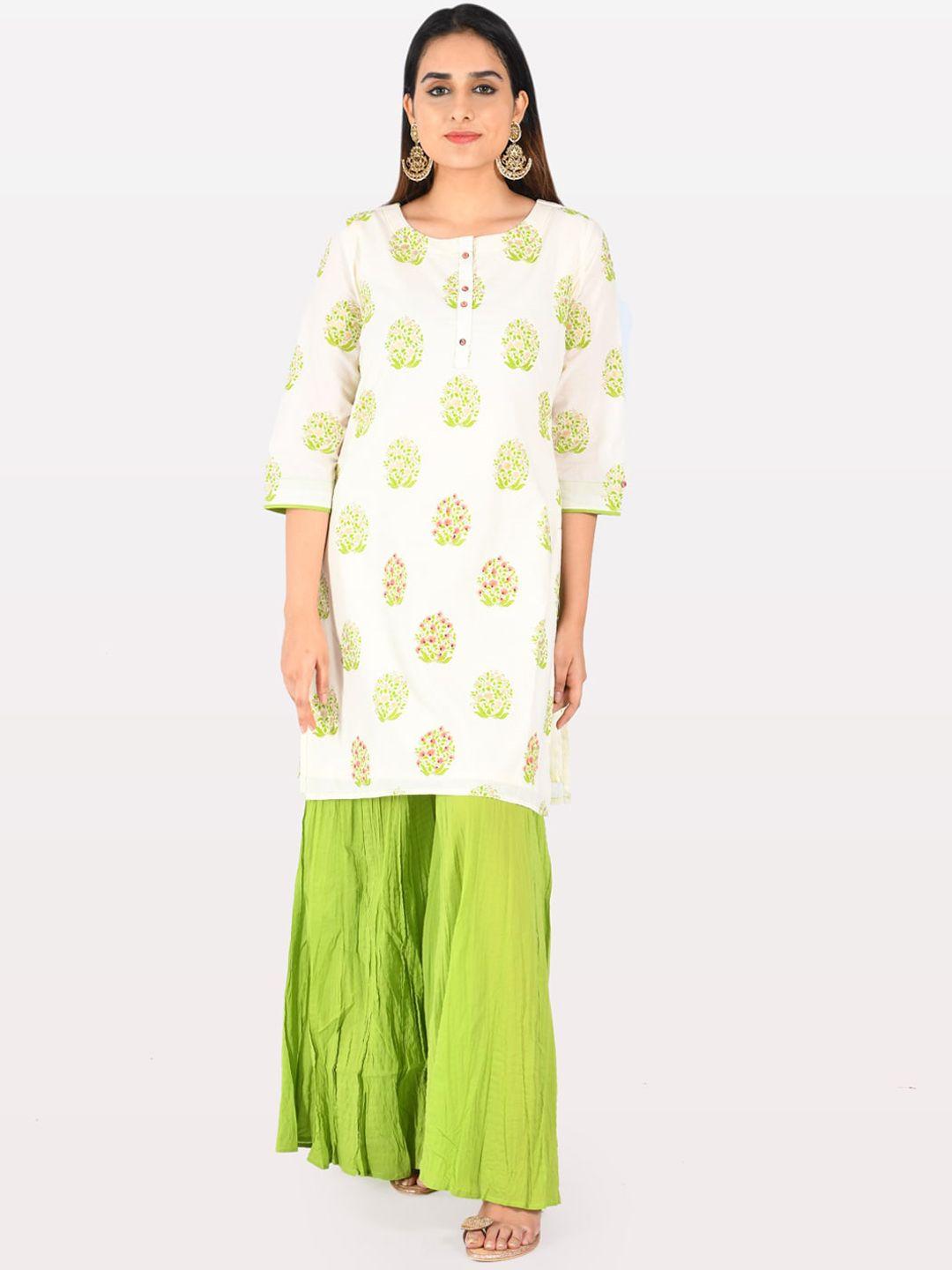 neerus women cream-coloured & green printed straight kurta