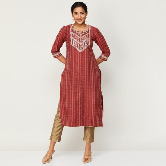 neerus women embroidered three-quarter sleeves straight kurta