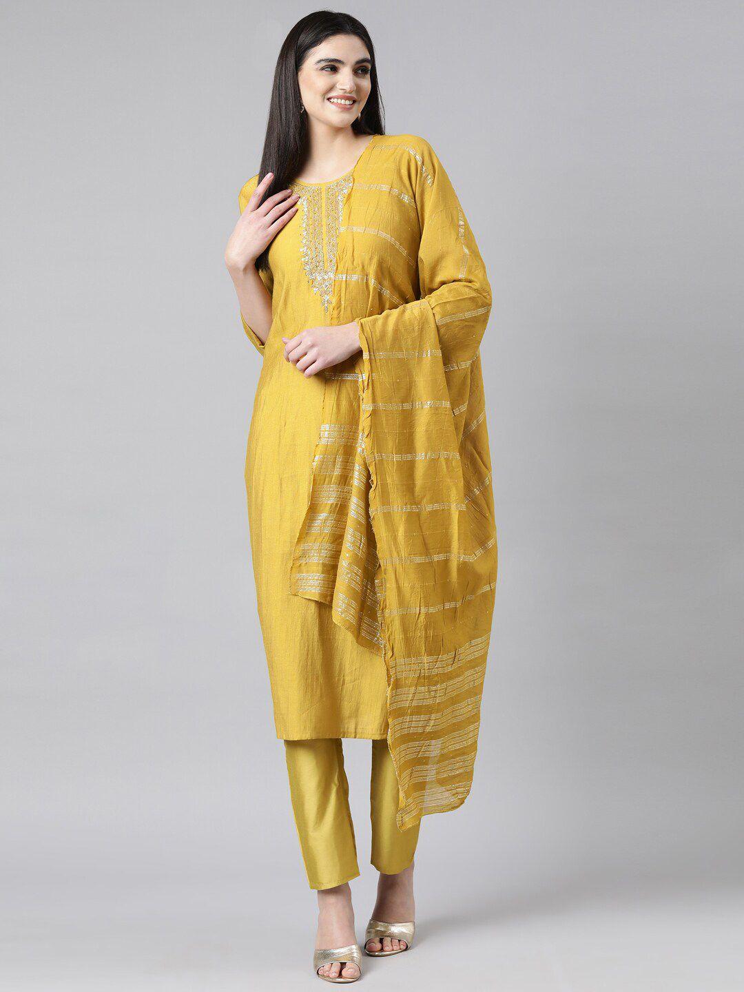 neerus women ethnic motifs yoke design regular aari work kurta with trousers & with dupatta