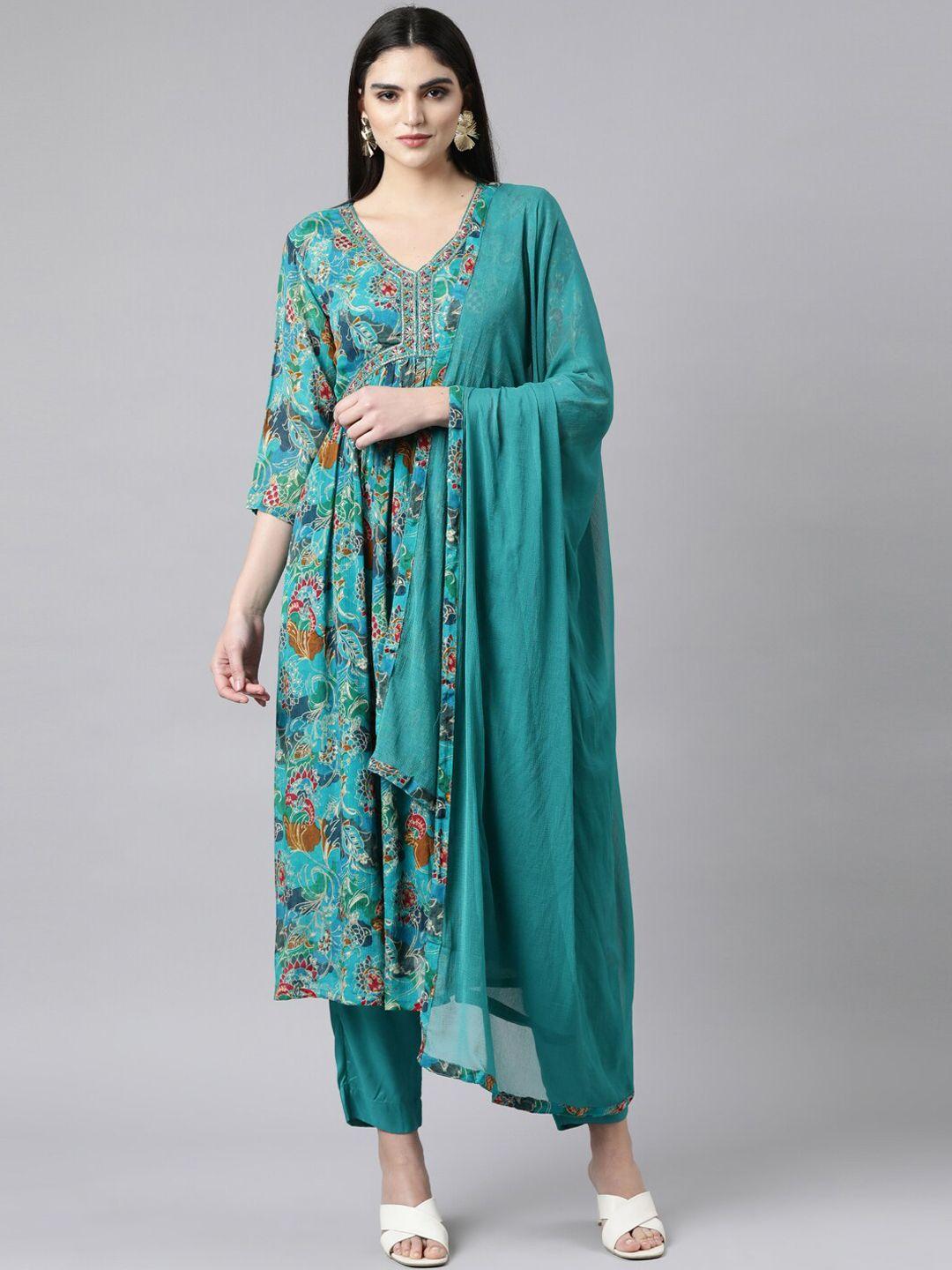 neerus women floral printed pleated aari work silk chiffon kurta with trousers & with dupatta