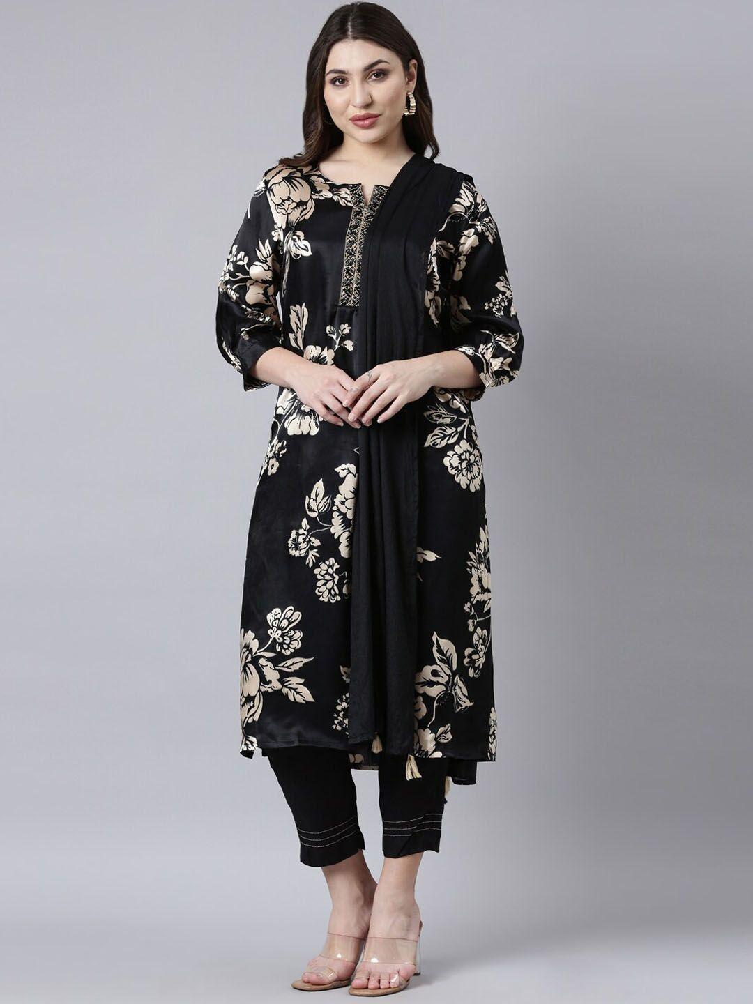 neerus women floral printed regular sequinned kurta with trousers & with dupatta