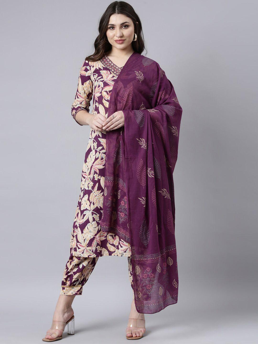 neerus women floral printed regular thread work pure cotton kurta with salwar & with dupatta