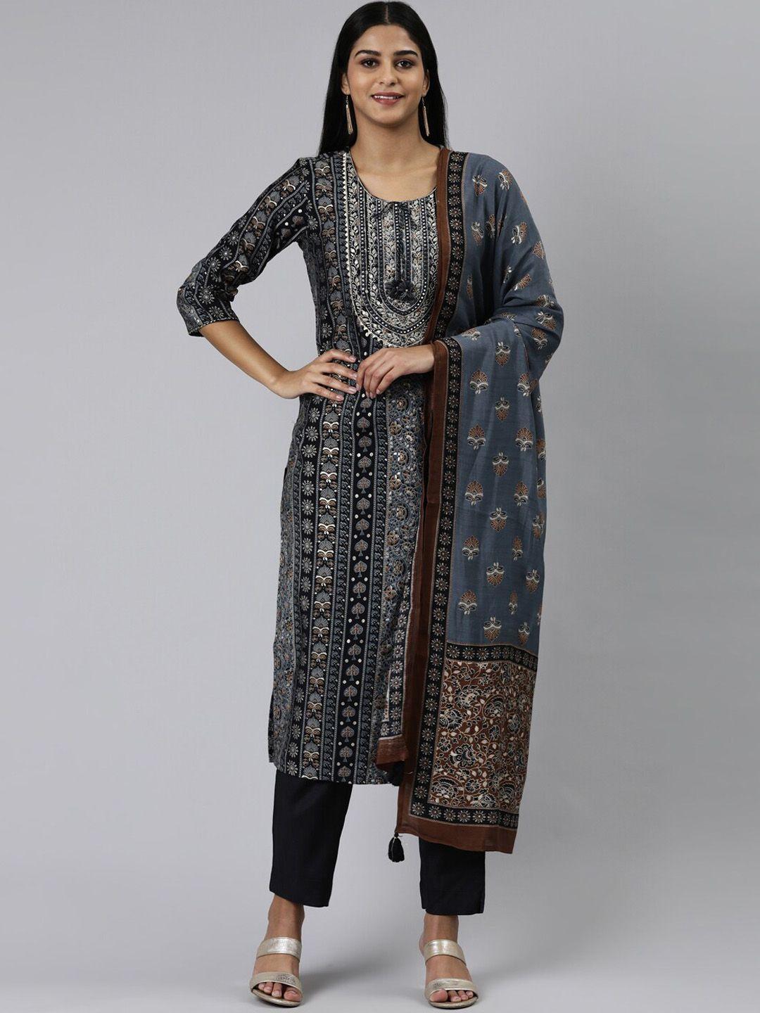 neerus women floral printed thread work kurta with trousers & dupatta