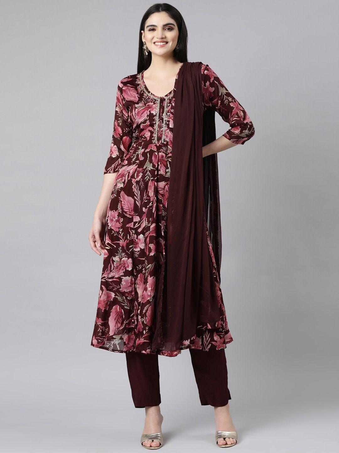 neerus women floral yoke design regular aari work silk chiffon kurta with trousers & with dupatta