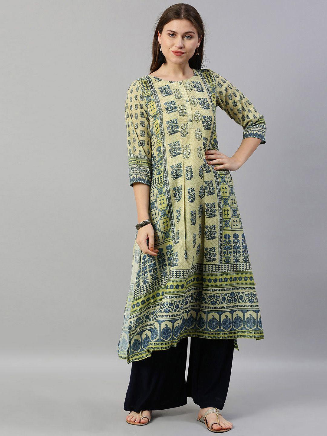 neerus women green & navy blue printed a-line kurta with gotta patti detail