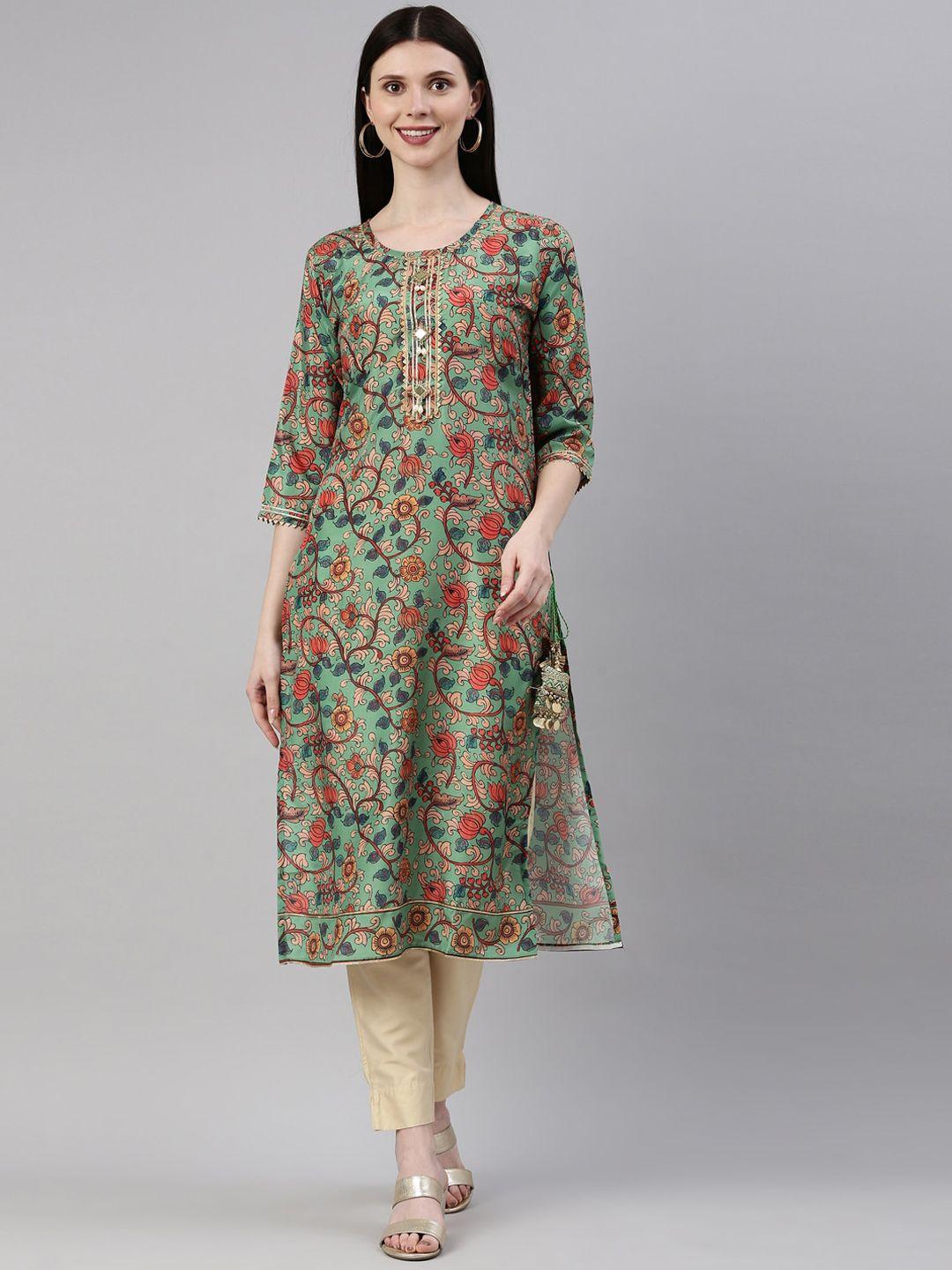 neerus women green & orange floral printed kurta