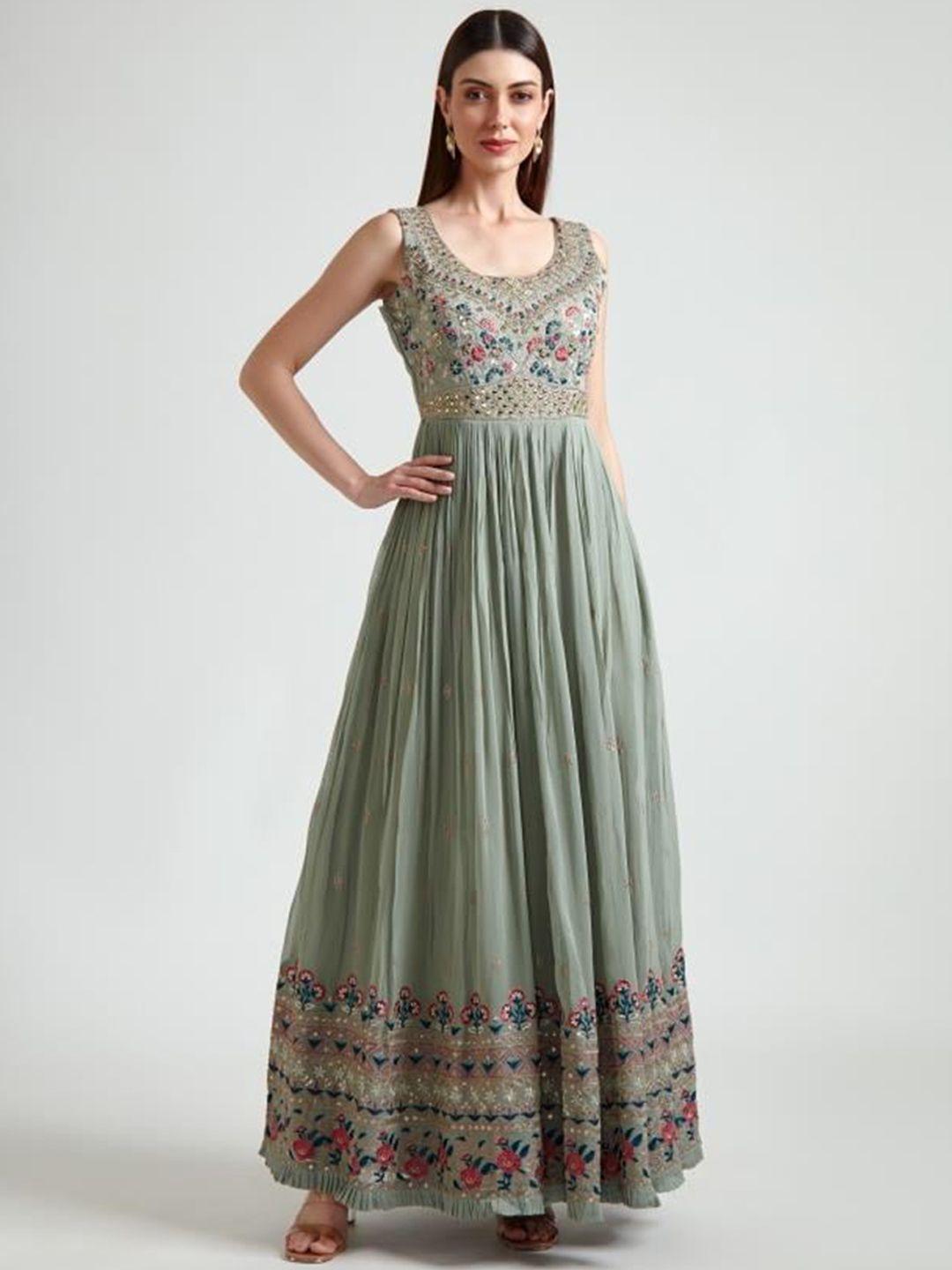 neerus women green & peach-coloured floral embellished anarkali kurta