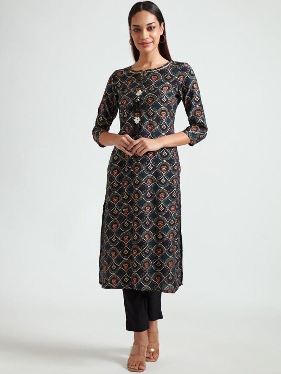 neerus women green ethnic motifs printed keyhole neck straight cotton kurta