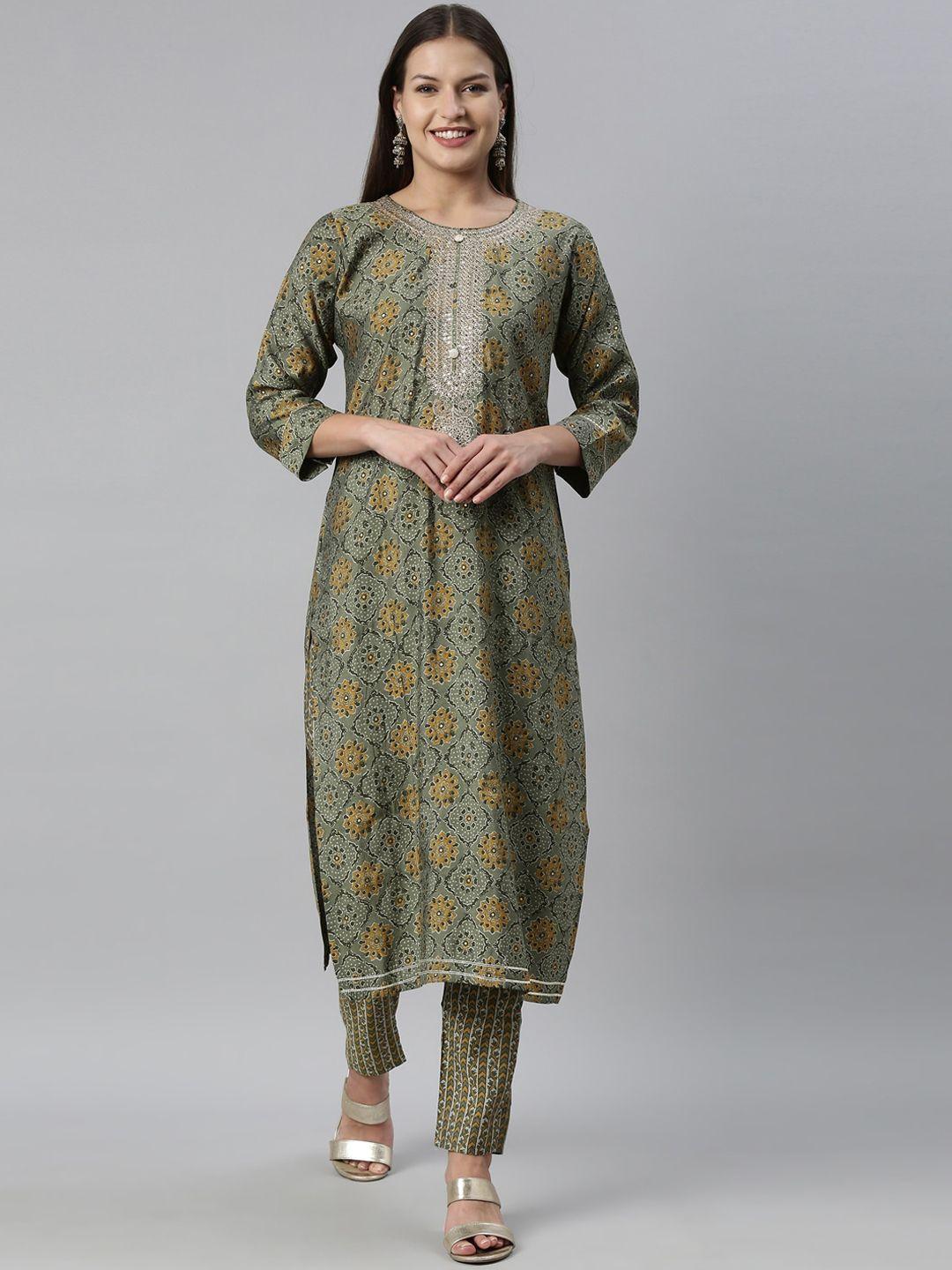 neerus women green ethnic motifs printed kurta with trousers