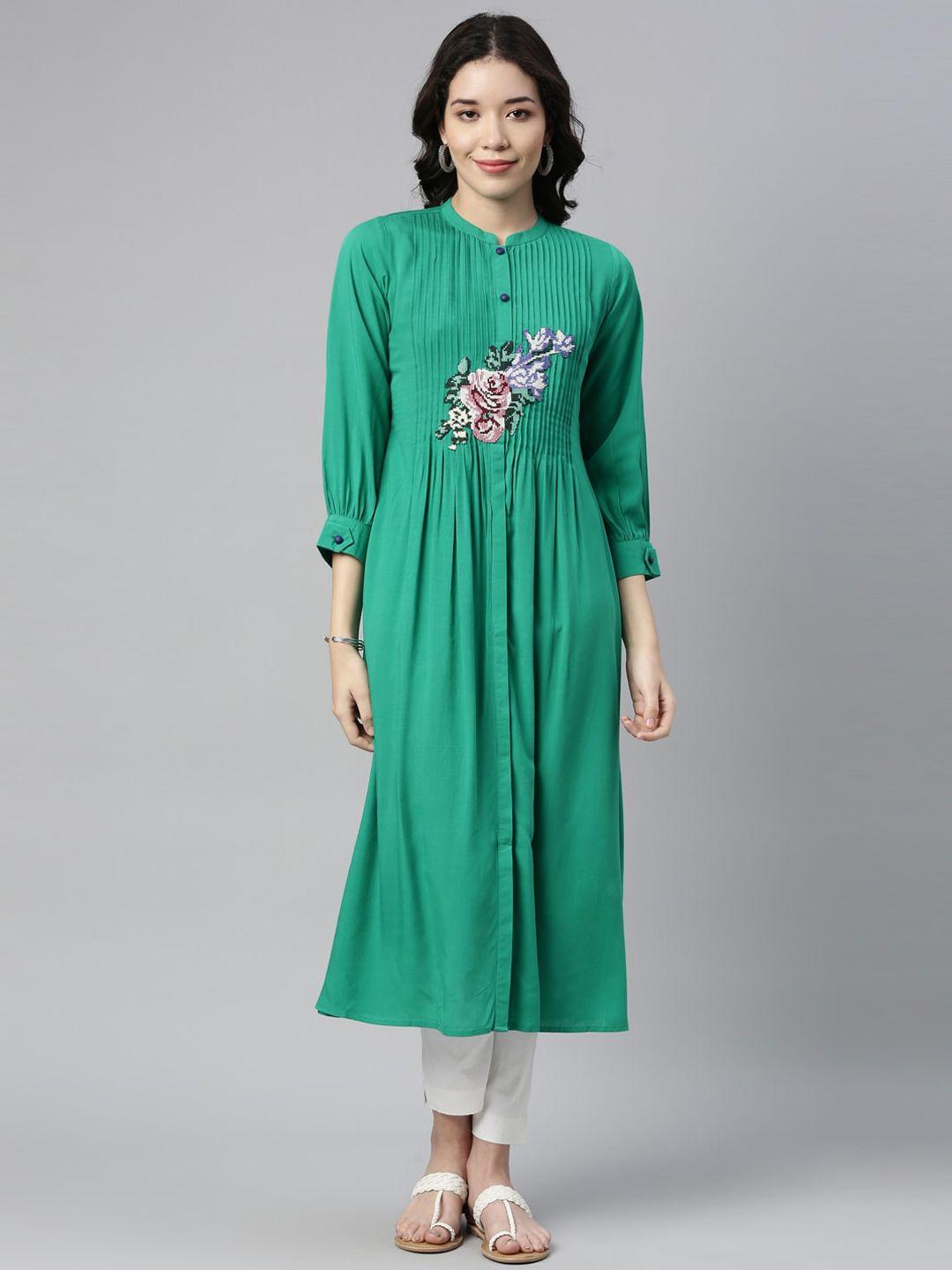 neerus women green floral embroidered floral kurta