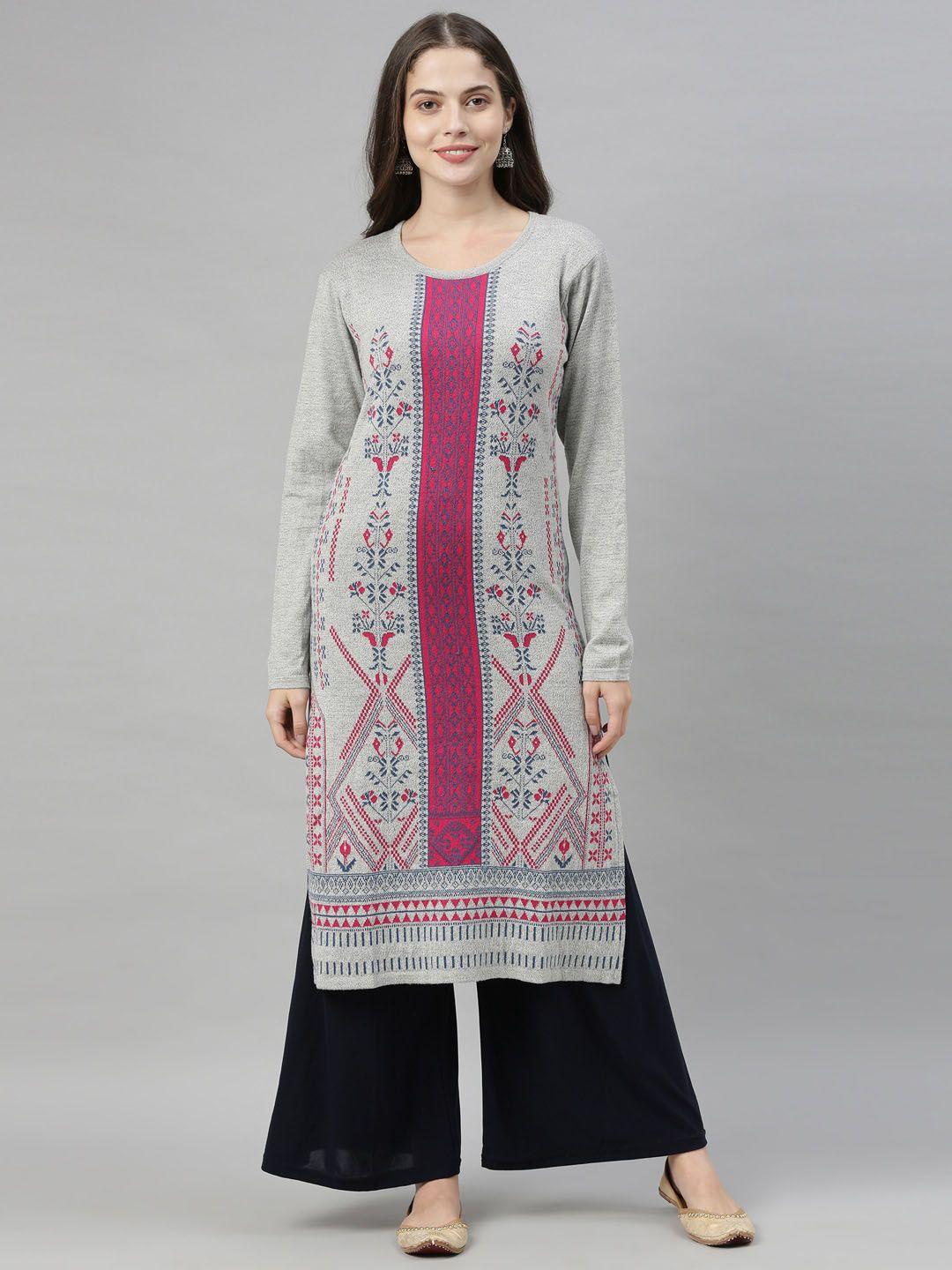 neerus women grey & purple geometric printed acrylic knitted kurta