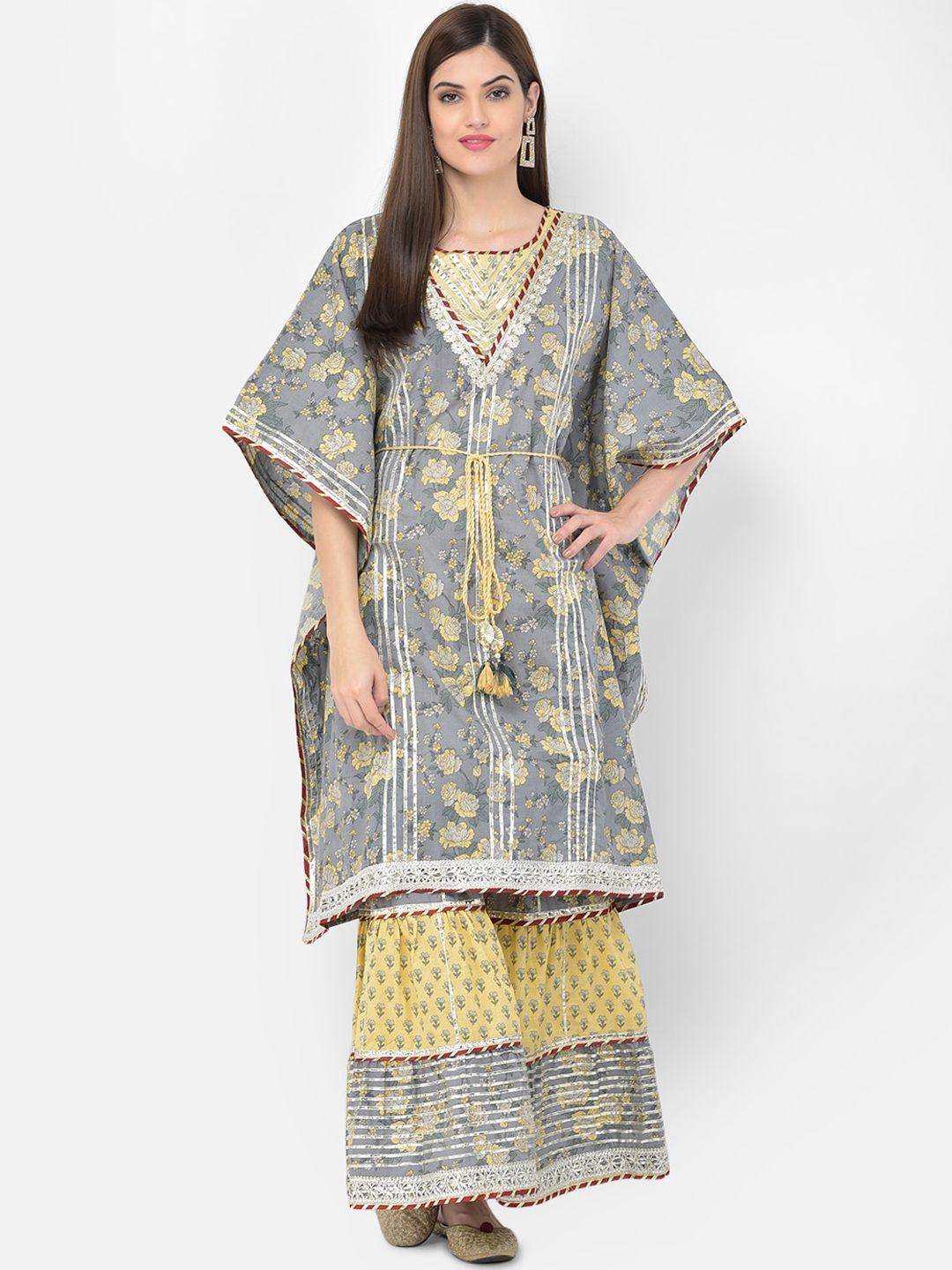 neerus women grey & yellow floral printed regular pure cotton kaftan kurta with sharara