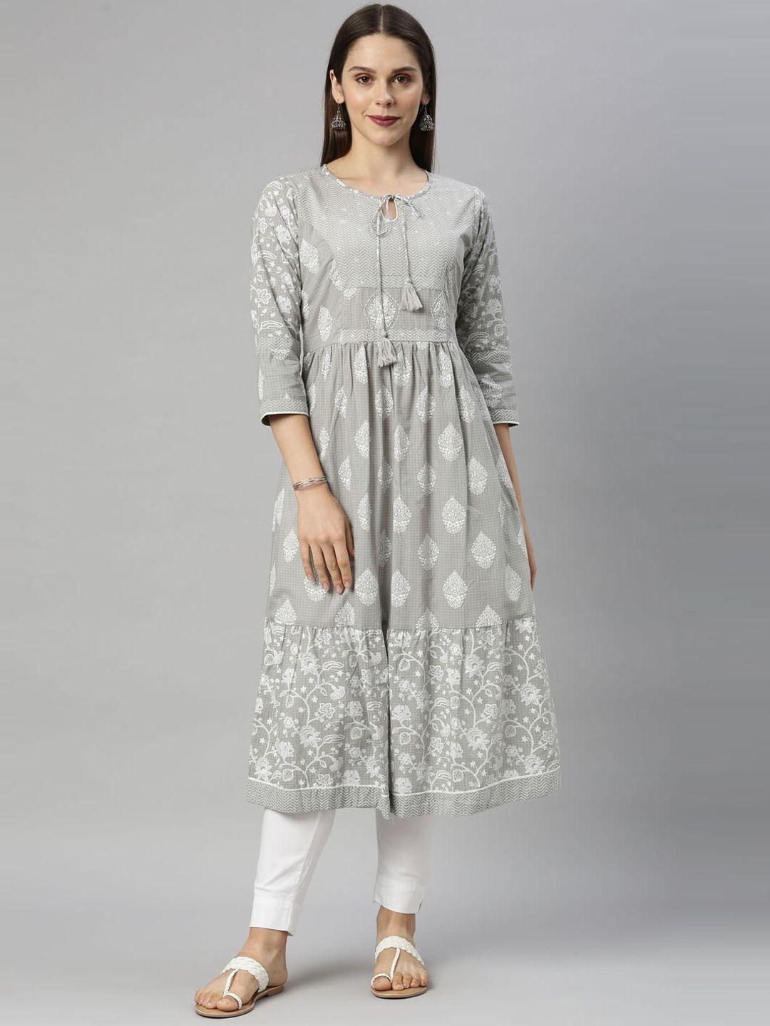 neerus women grey ethnic motifs printed anarkali kurta