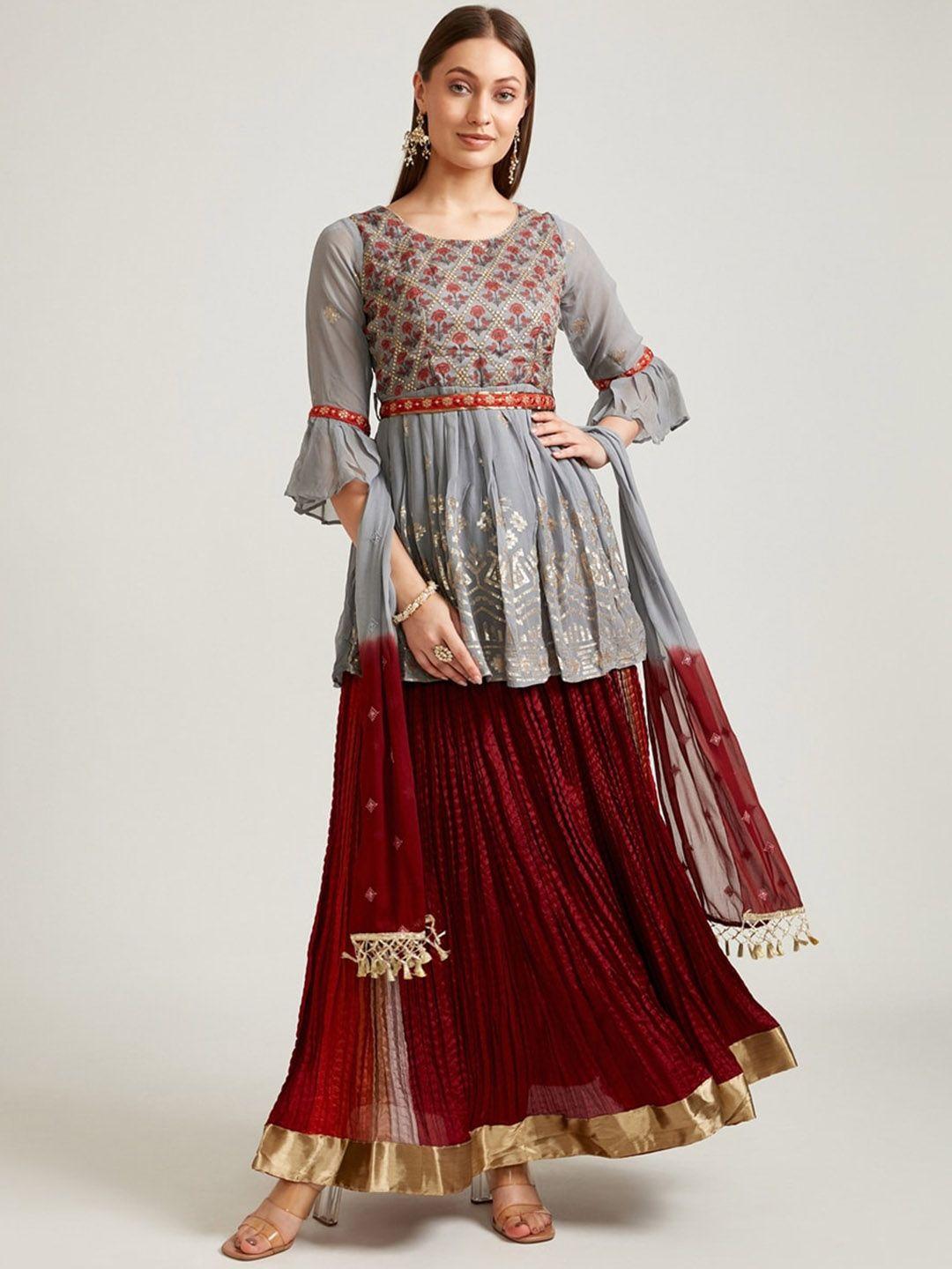neerus women grey ethnic motifs yoke design pleated sequinned kurti with skirt & with dupatta
