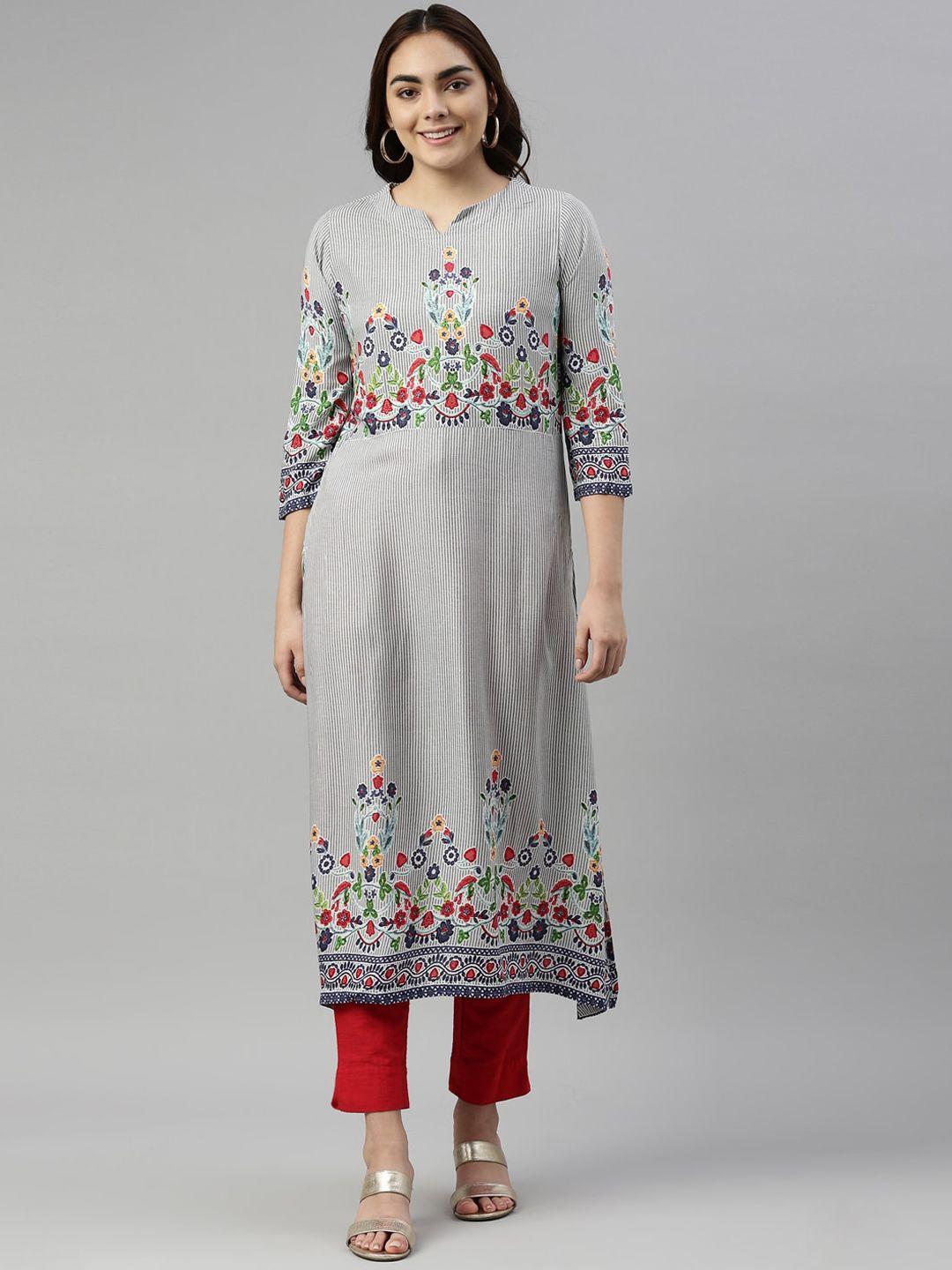 neerus women grey floral printed thread work kurta