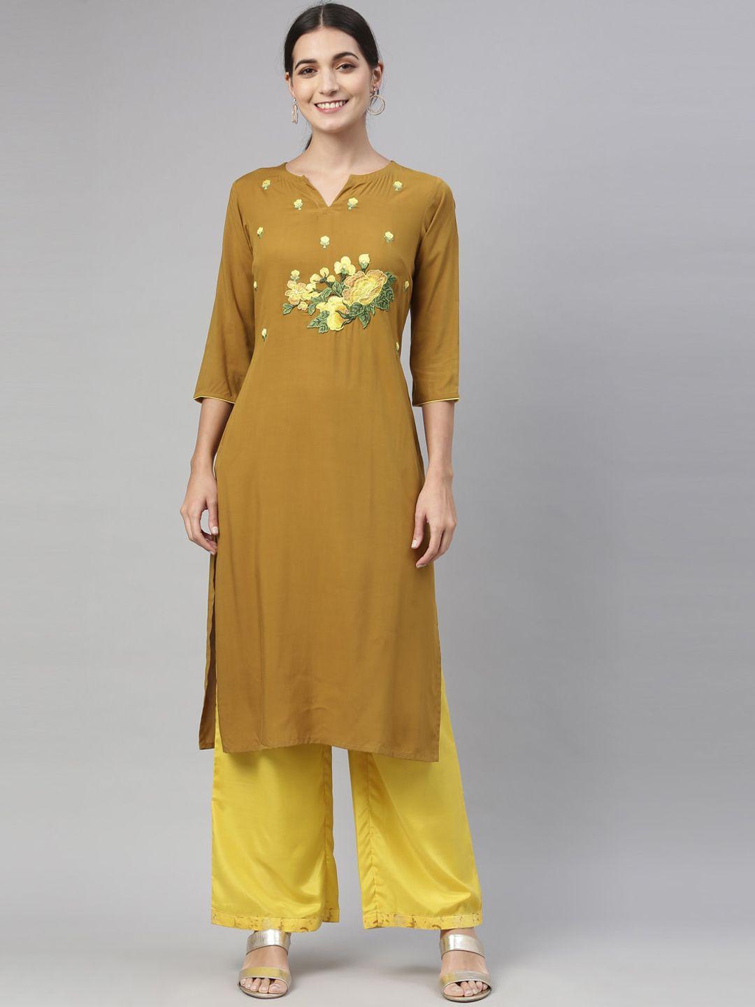 neerus women khaki & yellow floral yoke embroidered regular kurta with palazzos