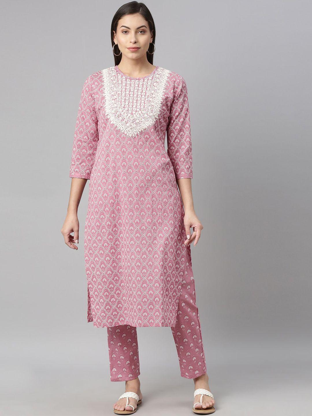 neerus women lavender printed thread work kurti with trousers