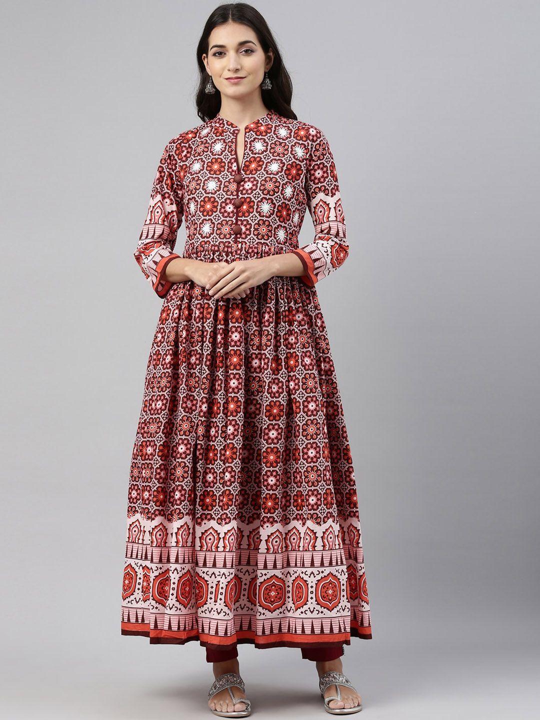 neerus women maroon & white ethnic motifs printed anarkali kurta