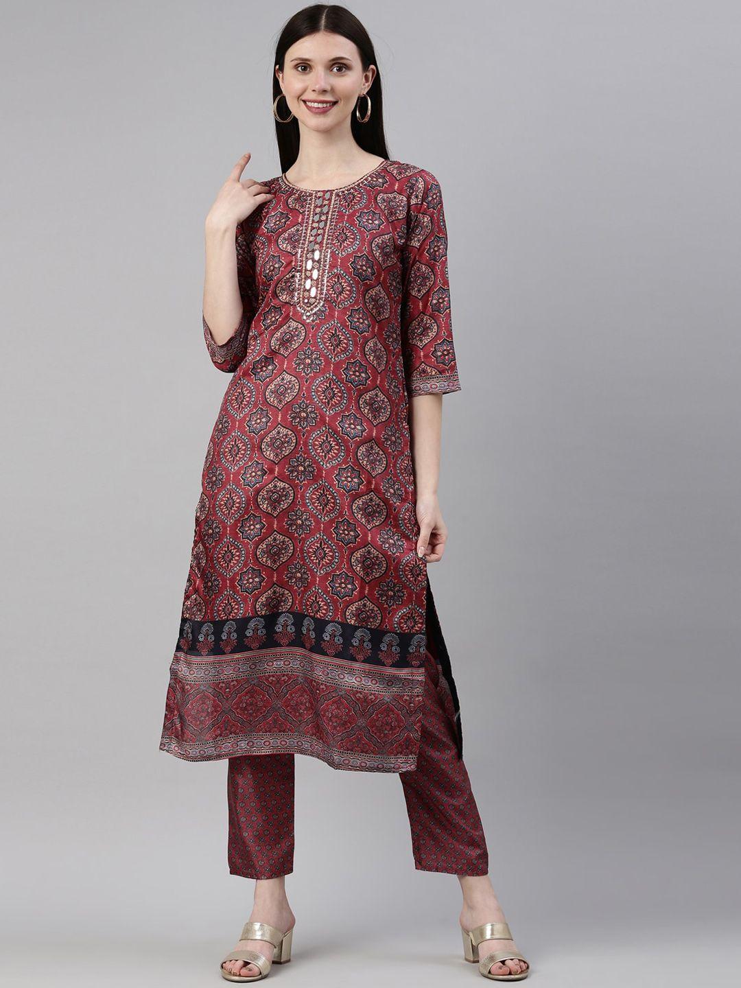 neerus women maroon floral printed mirror work dupion silk kurta with trousers