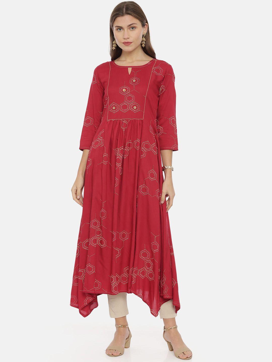 neerus women maroon printed anarkali kurta