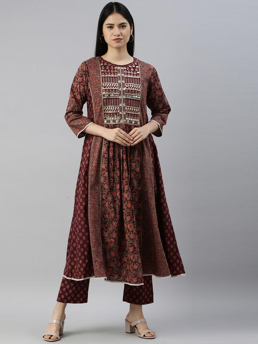 neerus women maroon printed pleated beads and stones pure cotton kurti with trousers & with dupatta