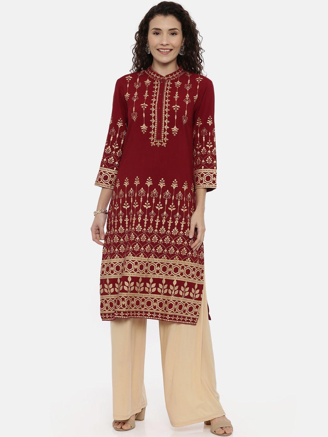 neerus women maroon woven design straight kurta